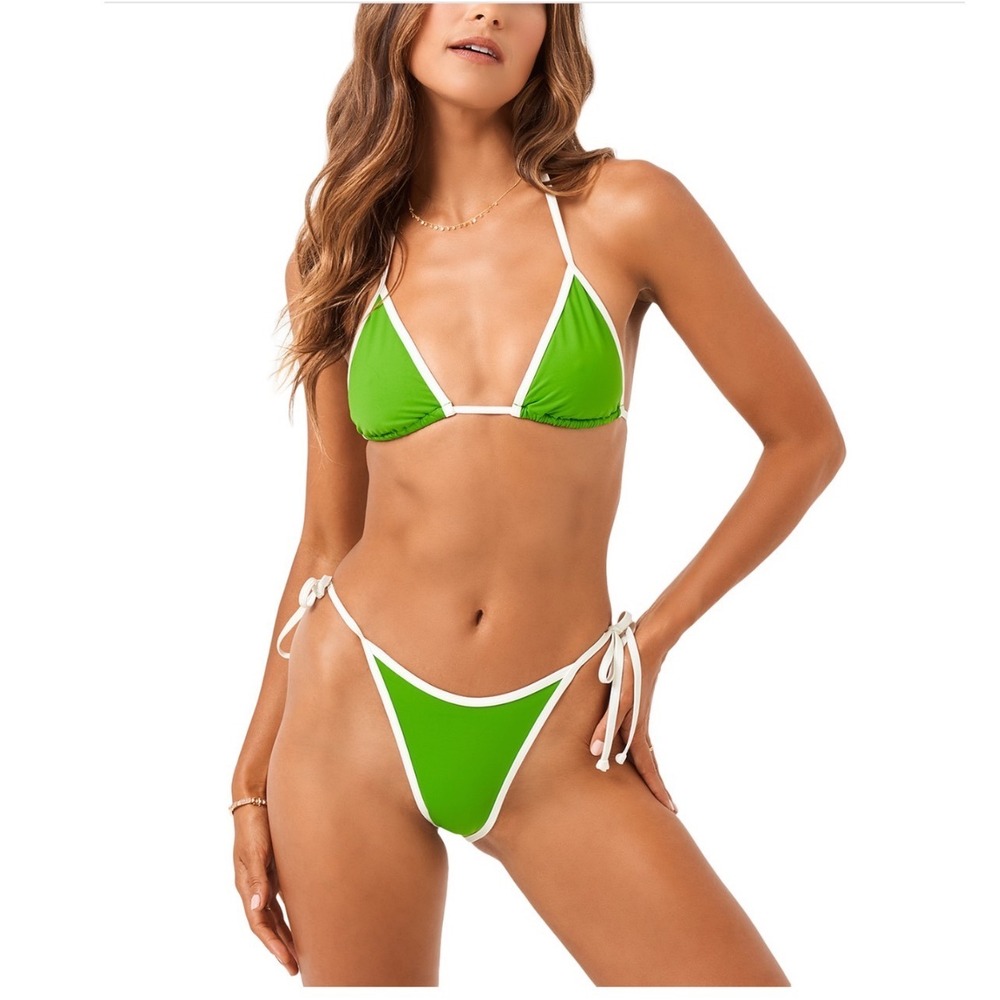 LSpace Aspen Triangle Bikini Top Green Cream XS String Tie Halter NWT‎